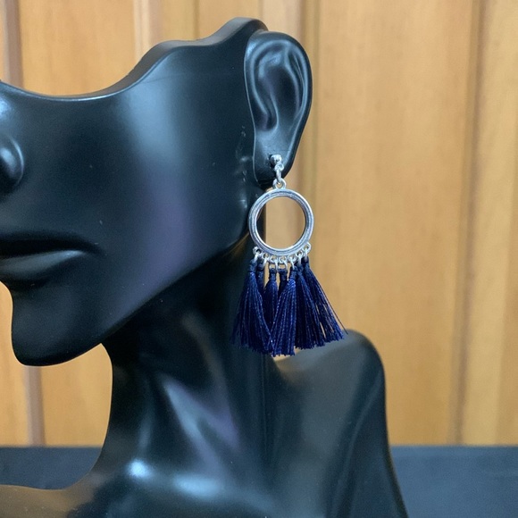 Silver tone blue string tassel earrings - Picture 2 of 2